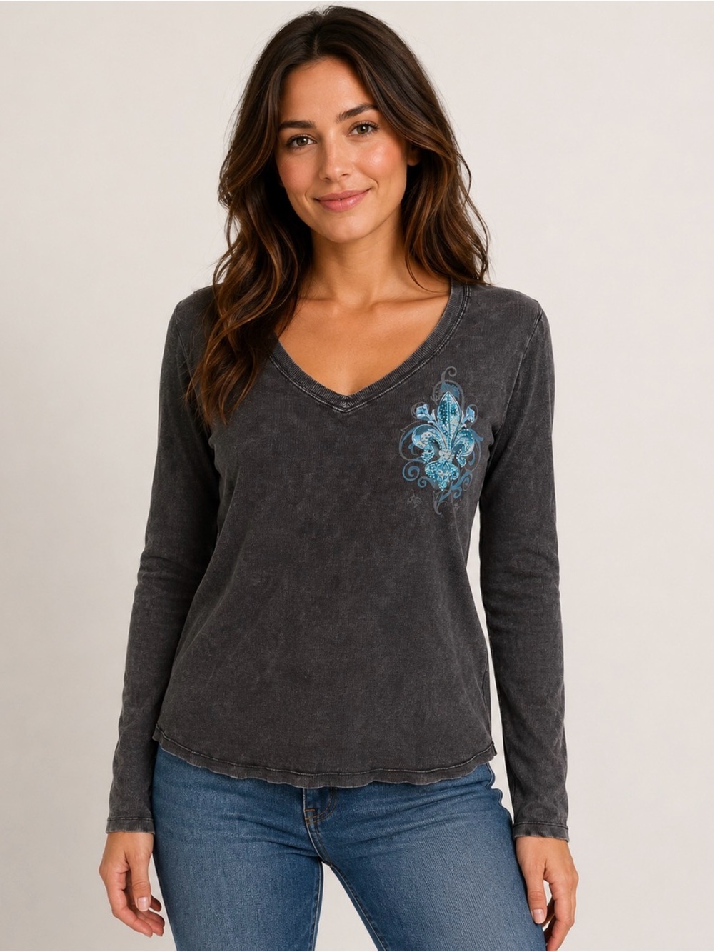 Charcoal Mineral Wash Y2K Rhinestone Fleur-de-Lis Long Sleeve V-Neck Top Large
